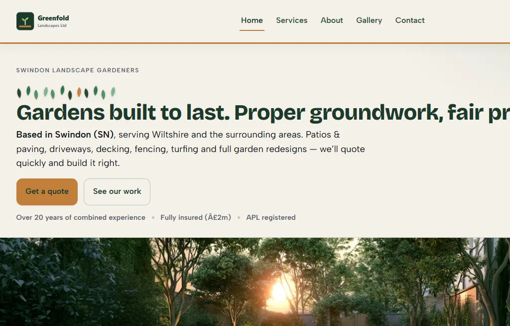 Greenfold Landscapes — live demo site in a browser window
