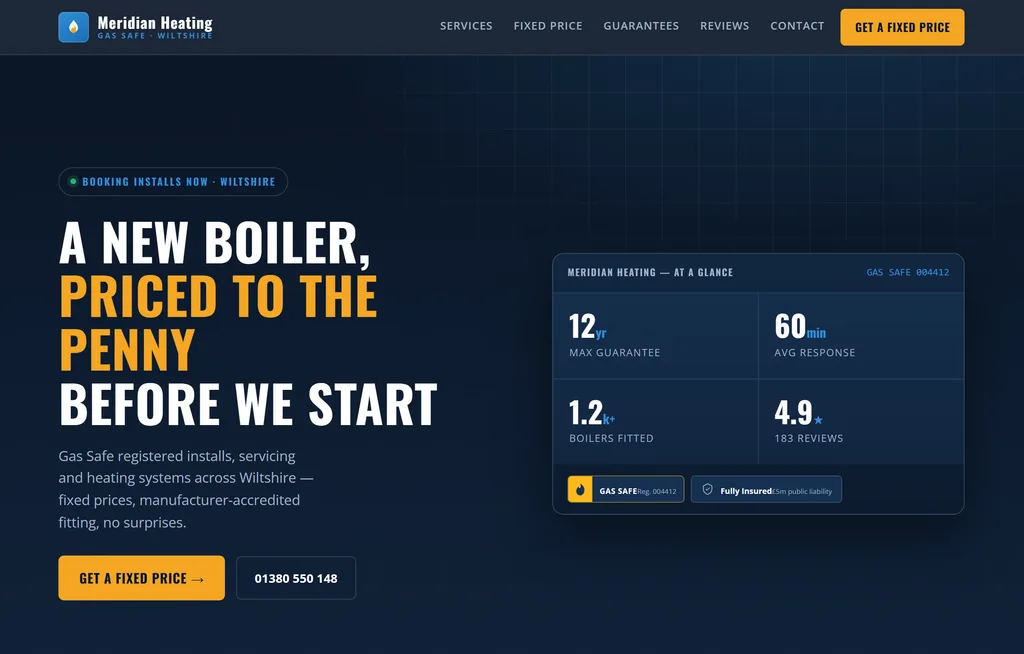 Meridian Heating — live demo site in a browser window