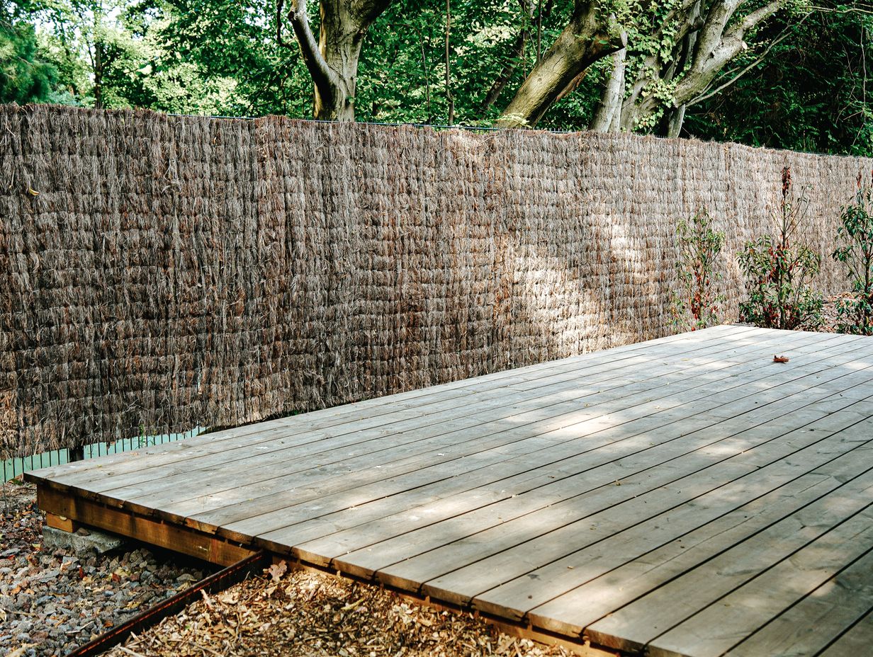 A raised composite deck with a timber pergola, built-in bench seating and planted borders in a landscaped garden.