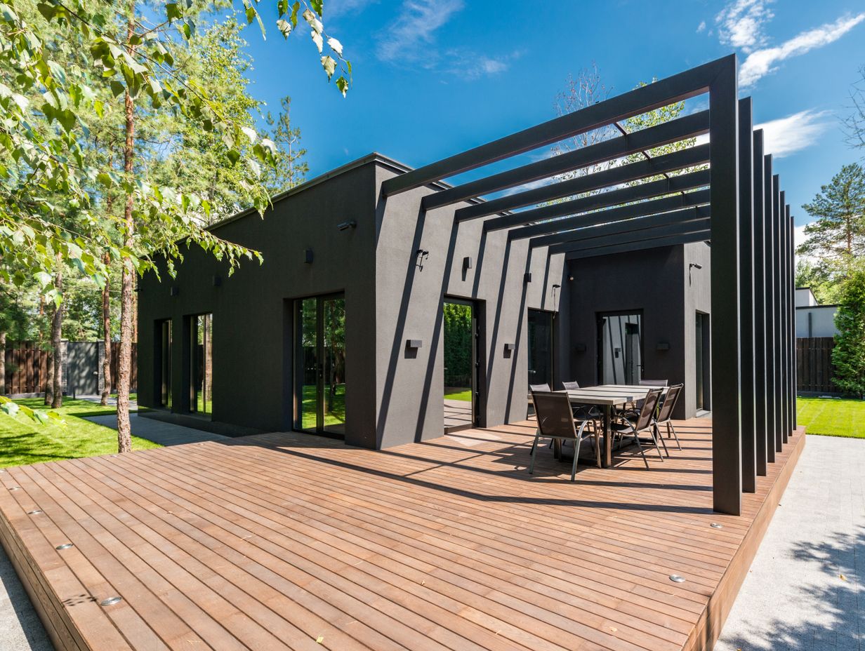 A raised composite deck with a timber pergola, built-in bench seating and planted borders in a landscaped garden.