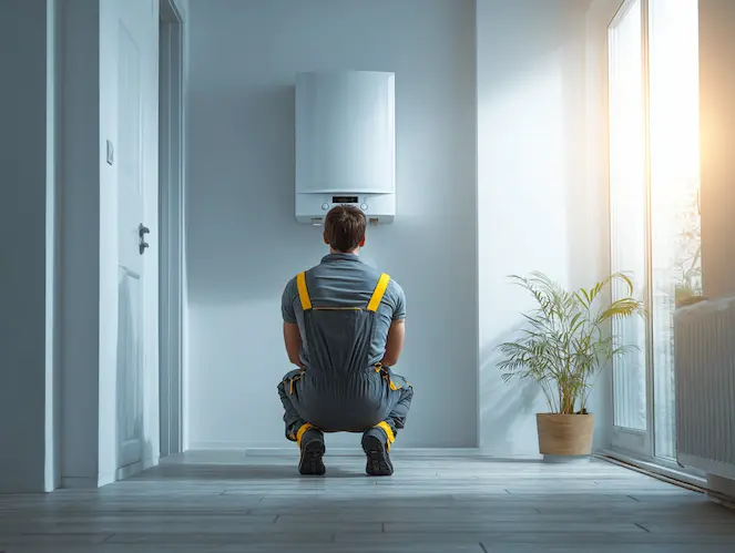 Gas engineer completing an annual boiler service