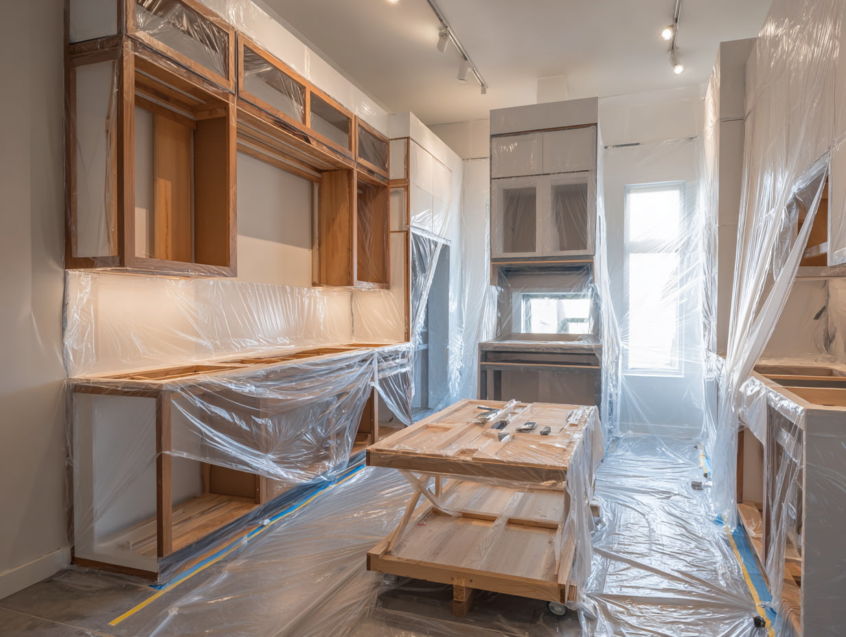 Kitchen fully sheeted in protective plastic with blue tape before spraying or repainting cabinets.